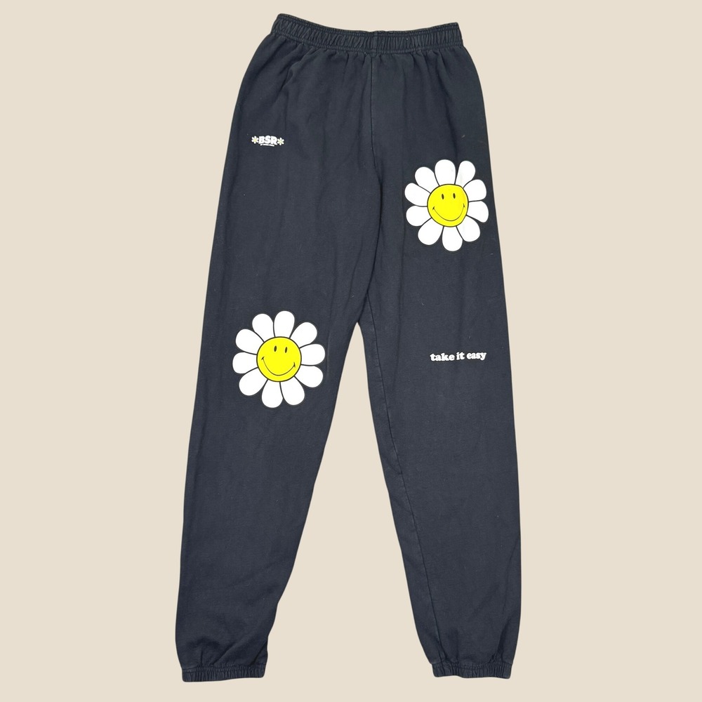 By Samii Ryan Sweatpants Women S Black Smiley Face Daisy Take It Easy Joggers